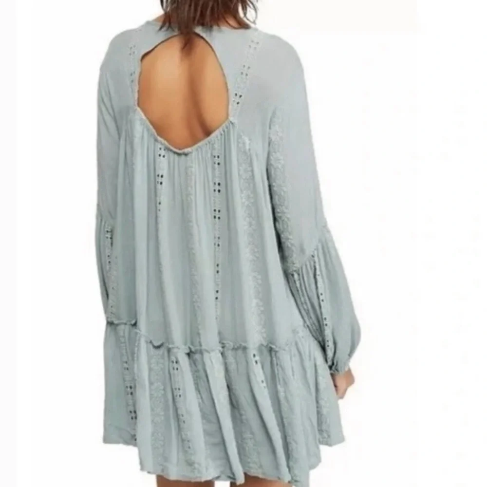 Free People Seafoam Green Embroidered Boho Tunic Dress Open Back Size SP - Picture 1 of 11